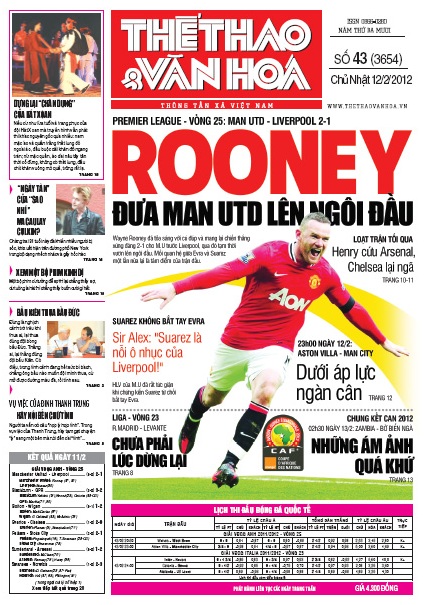 Đọc TT&VH ngày 12/2/2012: Rooney đưa Man UTD lên ngôi đầu