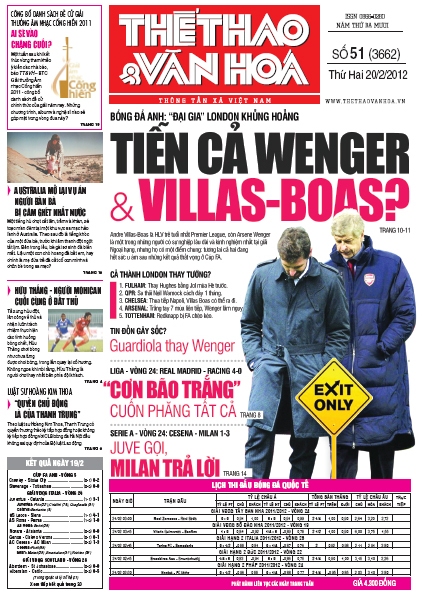  Đọc TT&VH ngày 20/2/2012: Tiễn cả Wenger & Villas-Boas?