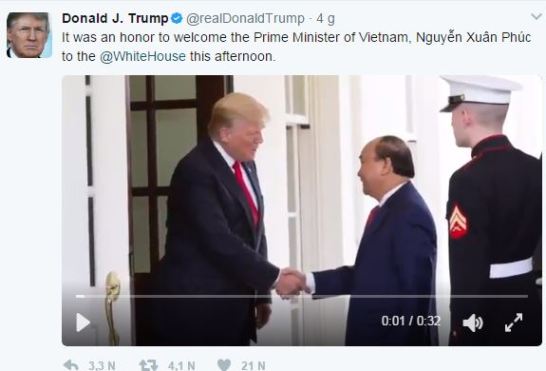 Dòng tweet của Tổng thống Donald Trump về chuyến thăm của Thủ tướng Nguyễn Xuân Phúc