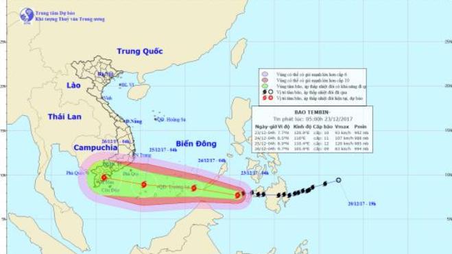 Bão Tembin di chuyển hướng Tây Tây Bắc, có khả năng mạnh thêm