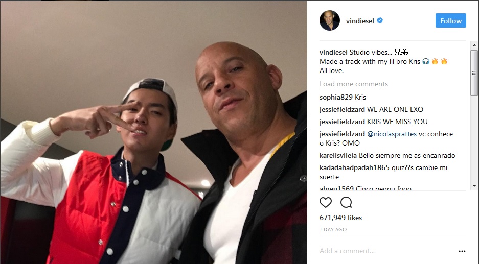 Hình ảnh của Vin Diesel và Ngô Diệc Phàm nhanh chóng thu hút hơn 600.000 lượt yêu thích sau 1 ngày