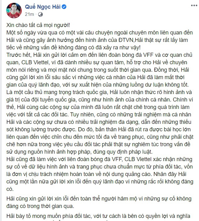 bóng đá Việt Nam, tin tức bóng đá, bong da, tin bong da, Quế Ngọc Hải, Quế Ngọc Hải vi phạm bản quyền, Quế Ngọc Hải xin lỗi, Viettel, DTVN, Park Hang Seo