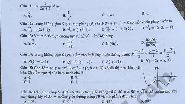 Đáp án toàn bộ 24 mã đề thi toán THPT Quốc Gia 2018