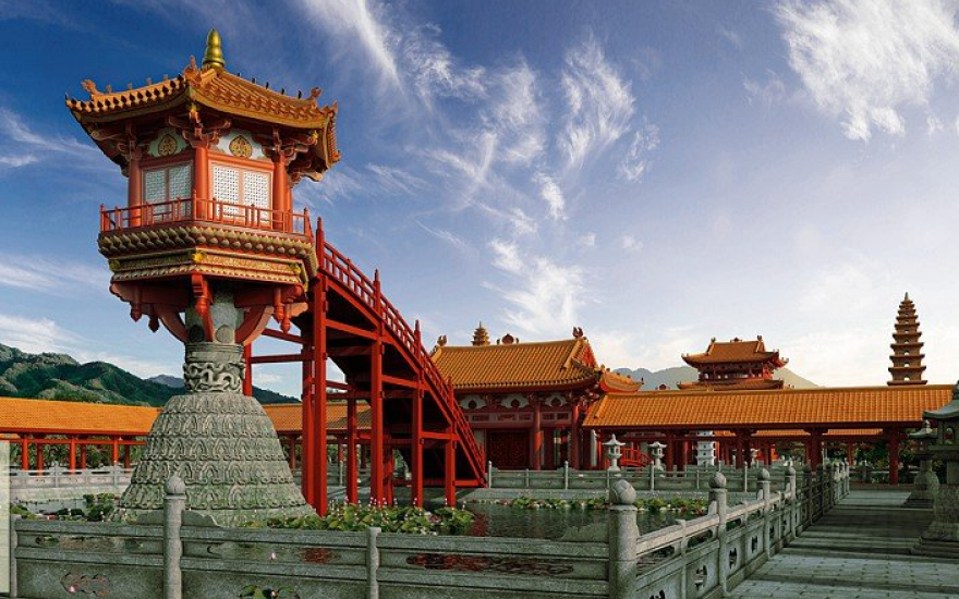 Quần thể chùa Diên Hựu với Liên hoa đài (kiến trúc Một Cột) được phục dựng bởi Sen Heritage. Ảnh: Internet