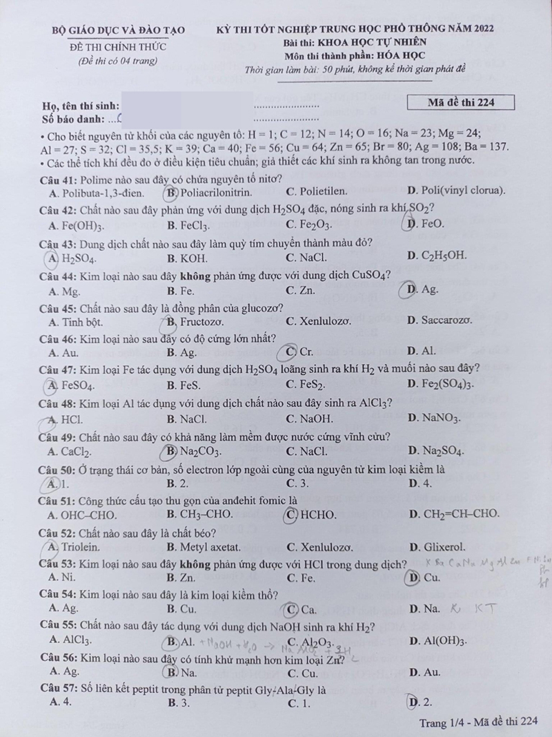 Đề thi Hóa học THPT Quốc gia 2022, Đáp án Hóa THPT Quốc gia năm 2022, Đề thi Hóa THPT Quốc gia, Đáp án môn Hóa học, đề Hóa, Đề thi Hóa, môn Hóa học, thi THPT quốc gia 