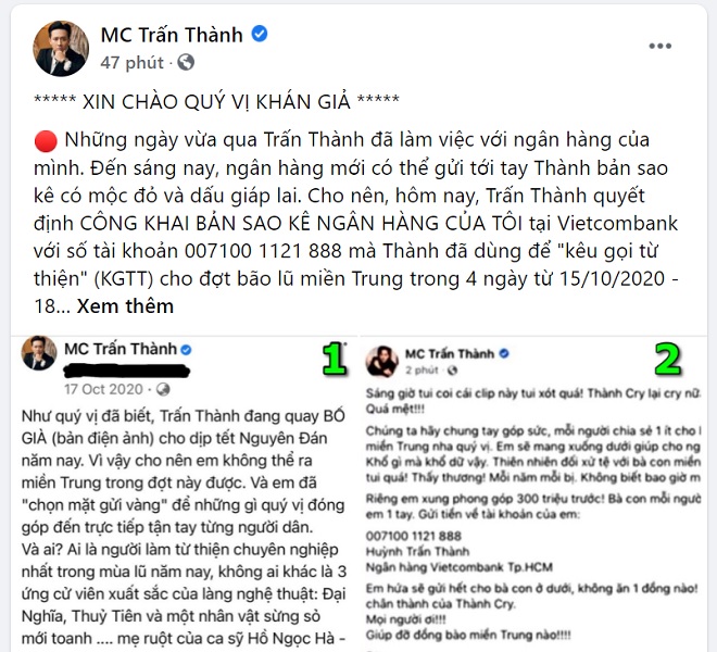 MC Trấn Thành, Trấn Thành sao kê, Trấn thành công bố sao kê, Trấn Thành, Trấn Thành tiền từ thiện, sao Việt từ thiện, sao kê tiền từ thiện