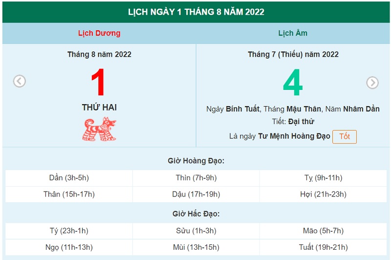 ngày 1 tháng 8 năm 2022, ngày 1/8/2022 tốt hay xấu, lịch âm 1/8, lịch âm 2022, lịch vạn niên ngày 1/8, âm lịch hôm nay 1/8, Lịch vạn niên ngày 1 tháng 8, lịch âm dương