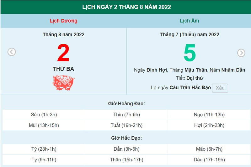 ngày 2 tháng 8 năm 2022, ngày 2/8/2022 tốt hay xấu, lịch âm 2022, lịch vạn niên ngày 2/8/2022, âm lịch hôm nay 2/8, Lịch vạn niên ngày 2 tháng 8, 2/8 ngày tốt, ngày 2/8