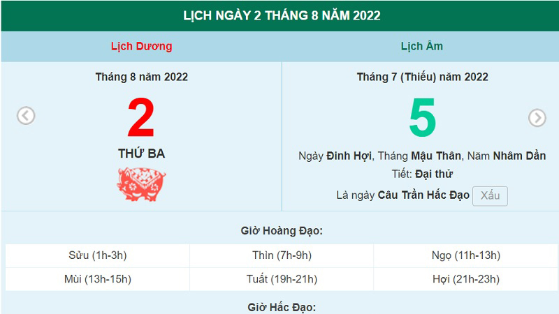 Xem lịch ngày 2 tháng 8 năm 2022 là ngày tốt hay xấu?