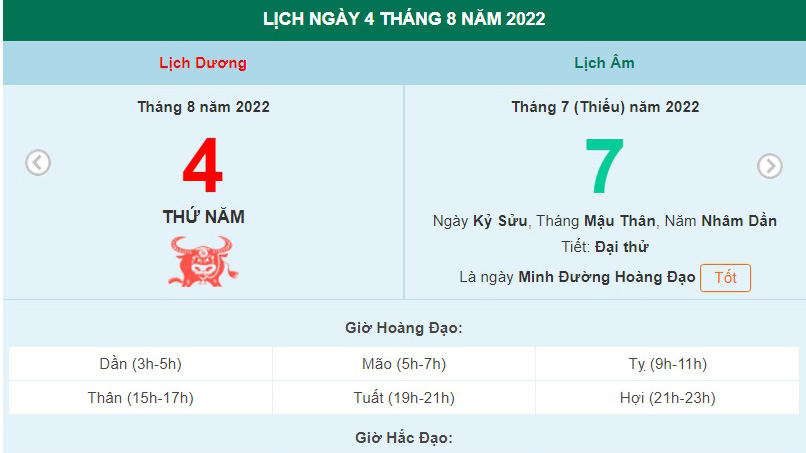 Xem lịch ngày 4 tháng 8 năm 2022 là ngày tốt hay xấu?
