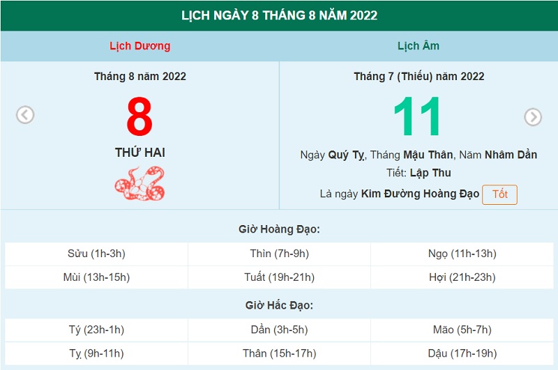 ngày 8 tháng 8 năm 2022, ngày 8/8/2022 tốt hay xấu, lịch âm 2022, lịch vạn niên ngày 8/8/2022, âm lịch hôm nay 8/8, Lịch vạn niên ngày 8 tháng 8, 8/8 ngày tốt, ngày 8/8
