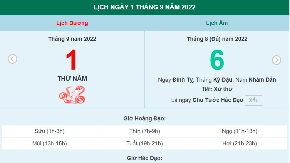 Lịch âm 1/9, xem lịch thứ Năm ngày 1 tháng 9 năm 2022 là ngày tốt hay xấu?