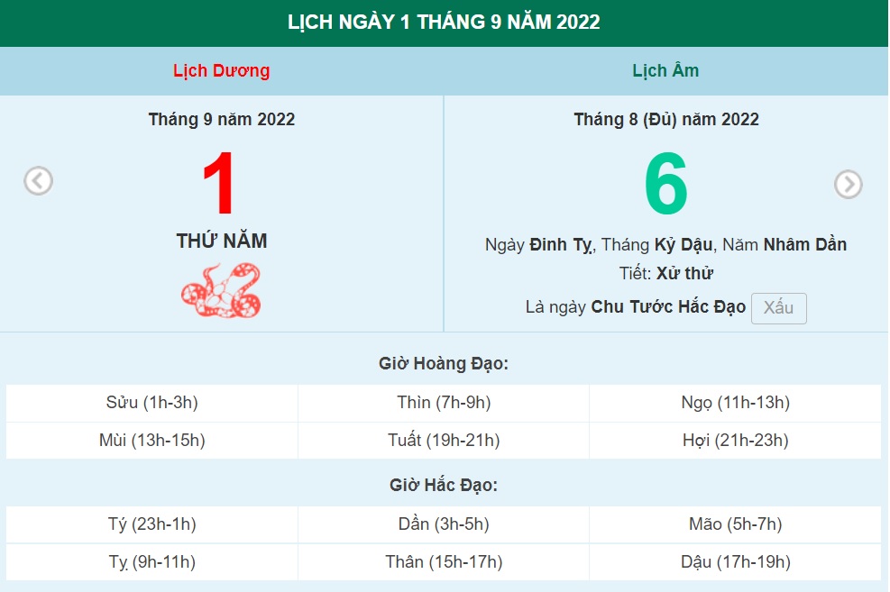 ngày 1 tháng 9 năm 2022, ngày 1/9/2022 tốt hay xấu, xem ngày tốt, lịch âm 2022, lịch vạn niên ngày 1/9/2022, âm lịch hôm nay 1/9, Lịch vạn niên ngày 1 tháng 9