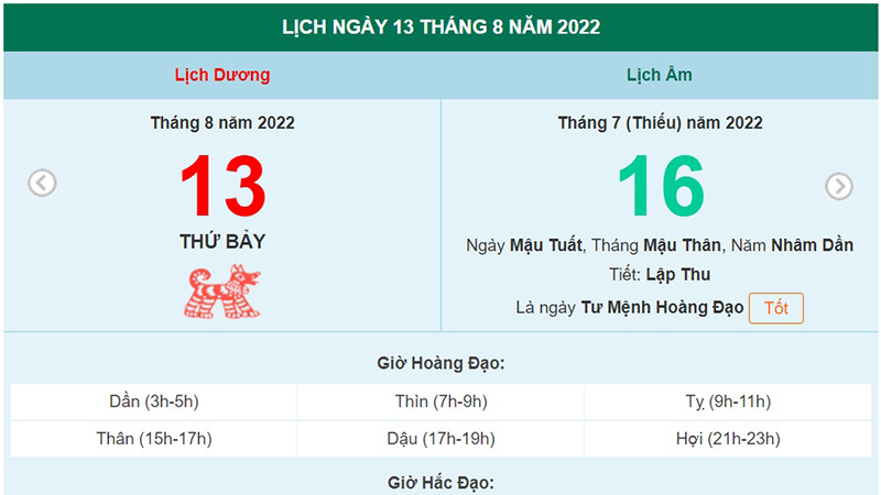 Lịch âm 13/8, xem lịch thứ Bảy ngày 13 tháng 8 năm 2022 là ngày tốt hay xấu?