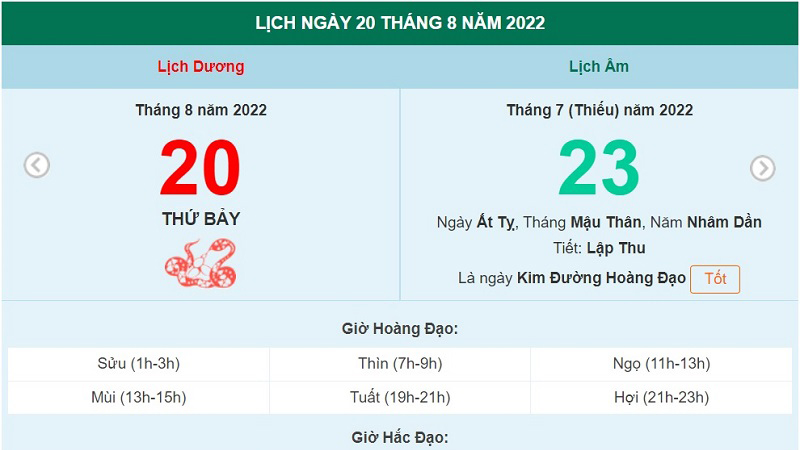 Lịch âm 20/8, xem lịch thứ Bảy ngày 20 tháng 8 năm 2022 là ngày tốt hay xấu?