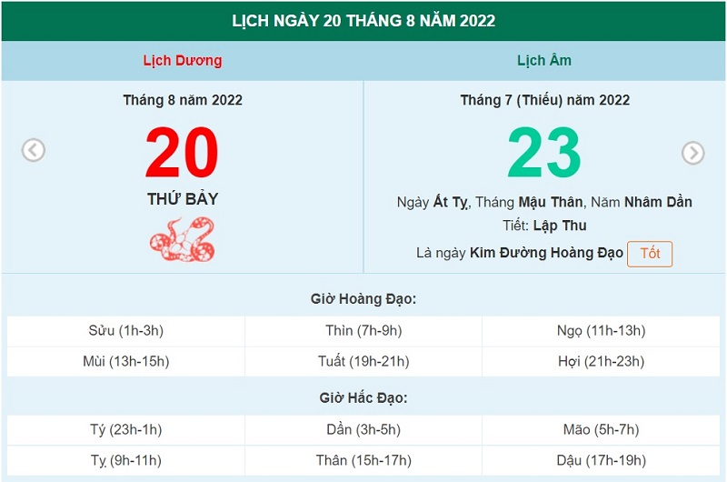 ngày 20 tháng 8 năm 2022, ngày 20/8/2022 tốt hay xấu, lịch âm 2022, lịch vạn niên ngày 20/8/2022, âm lịch hôm nay 18/8, Lịch vạn niên ngày 20 tháng 8, xem ngày tốt