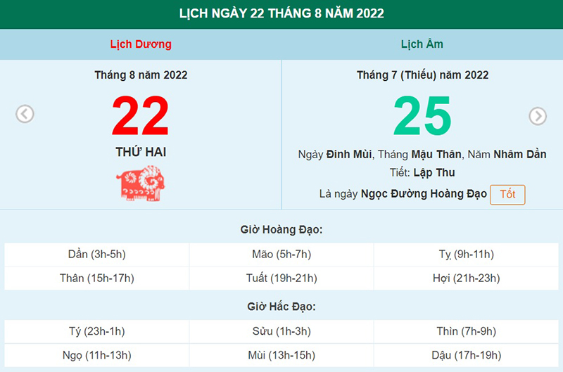 ngày 22 tháng 8 năm 2022, ngày 22/8/2022 tốt hay xấu, lịch âm 2022, lịch vạn niên ngày 22/8/2022, âm lịch hôm nay 22/8, Lịch vạn niên ngày 22 tháng 8, xem ngày tốt