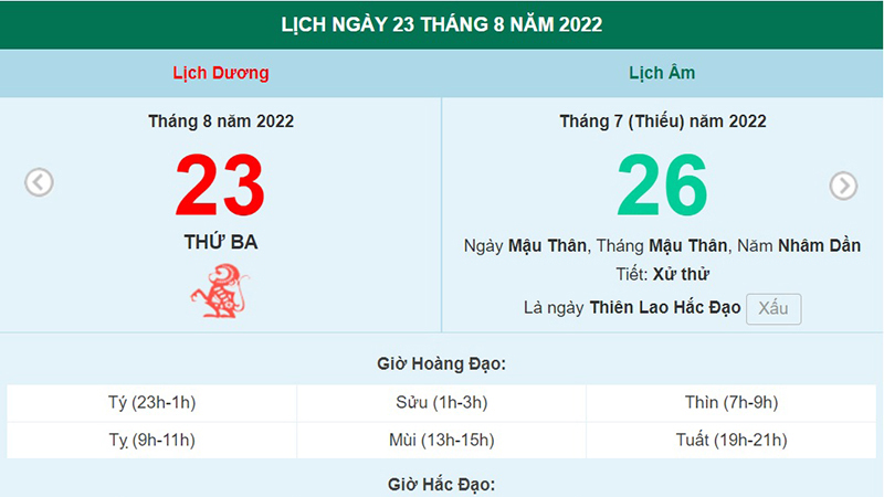 Lịch âm 23/8, xem lịch thứ Ba ngày 23 tháng 8 năm 2022 là ngày tốt hay xấu?