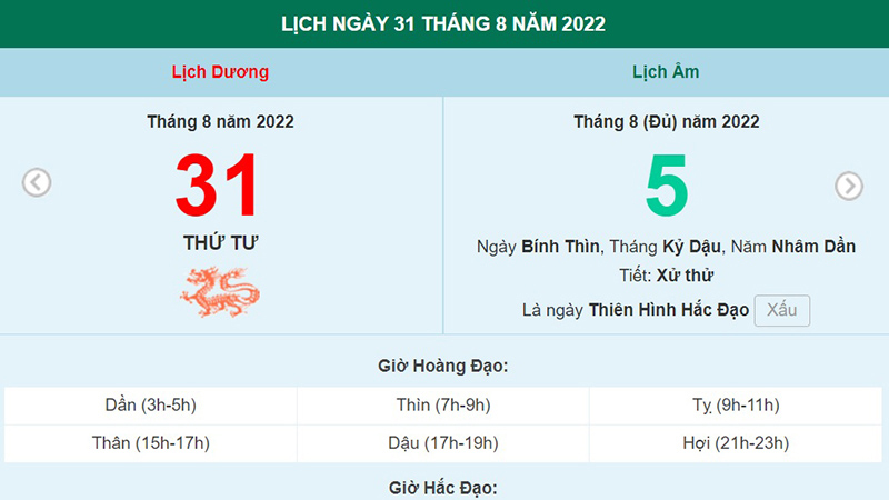 Lịch âm 31/8, xem lịch thứ Tư ngày 31 tháng 8 năm 2022 là ngày tốt hay xấu?