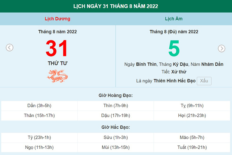 ngày 31 tháng 8 năm 2022, ngày 31/8/2022 tốt hay xấu, xem ngày tốt, lịch âm 2022, lịch vạn niên ngày 31/8/2022, âm lịch hôm nay 31/8, Lịch vạn niên ngày 31 tháng 8
