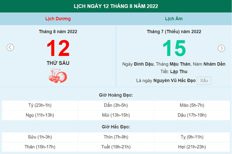 ngày 12 tháng 8 năm 2022, ngày 12/8/2022 tốt hay xấu, lịch âm 2022, lịch vạn niên ngày 12/8/2022, âm lịch hôm nay 12/8, Lịch vạn niên ngày 12 tháng 8, xem ngày tốt