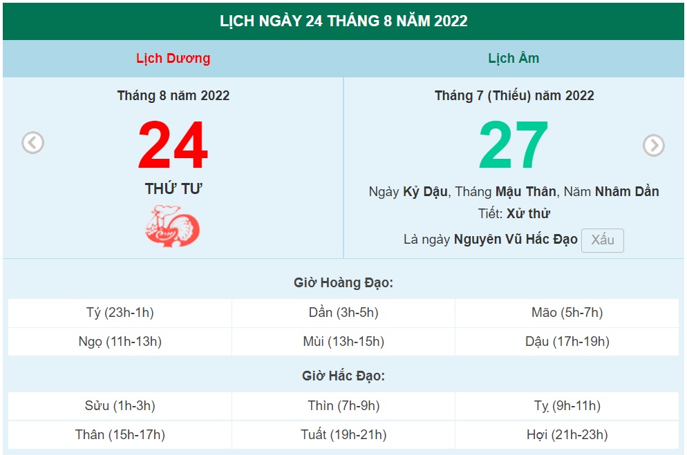 ngày 24 tháng 8 năm 2022, ngày 24/8/2022 tốt hay xấu, xem ngày tốt, lịch âm 2022, lịch vạn niên ngày 24/8/2022, âm lịch hôm nay 24/8, Lịch vạn niên ngày 24 tháng 8