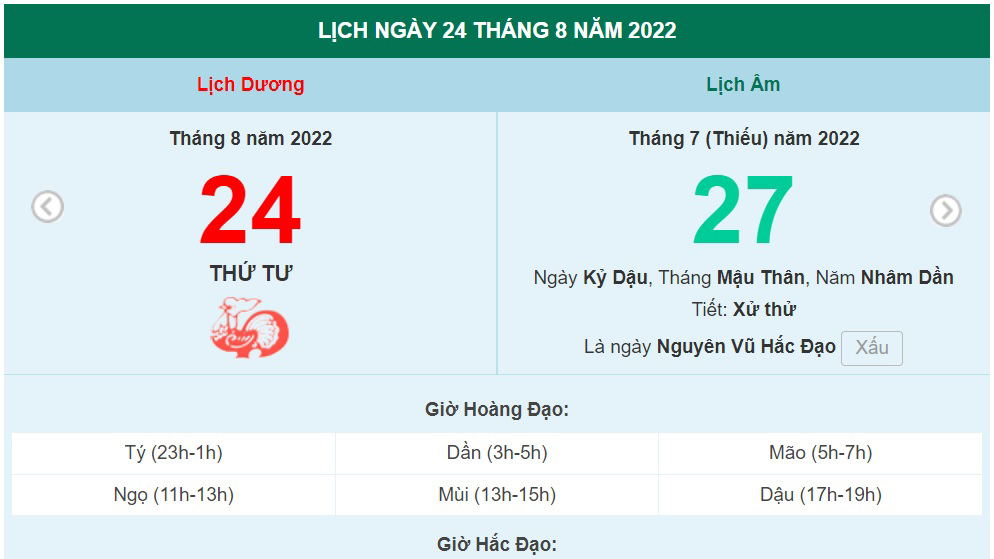 Lịch âm 24/8, xem lịch thứ Tư ngày 24 tháng 8 năm 2022 là ngày tốt hay xấu?