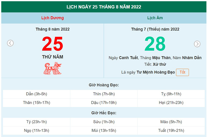 ngày 25 tháng 8 năm 2022, ngày 25/8/2022 tốt hay xấu, xem ngày tốt, lịch âm 2022, lịch vạn niên ngày 25/8/2022, âm lịch hôm nay 25/8, Lịch vạn niên ngày 25 tháng 8