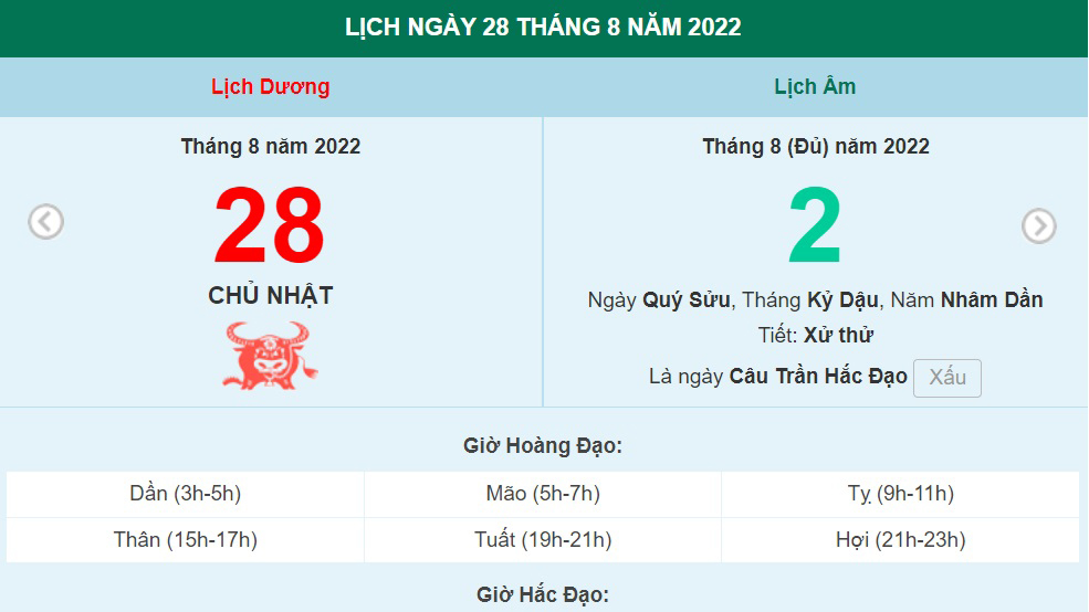 Lịch âm 28/8, xem lịch Chủ nhật ngày 28 tháng 8 năm 2022 là ngày tốt hay xấu?