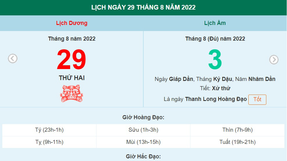 Lịch âm 29/8, xem lịch thứ Hai ngày 29 tháng 8 năm 2022 là ngày tốt hay xấu?