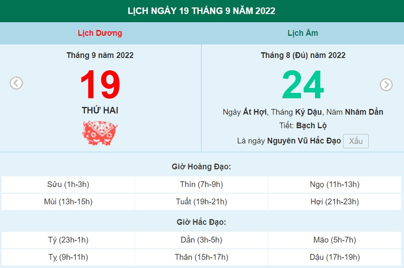 ngày 19 tháng 9 năm 2022, ngày 19/9/2022 tốt hay xấu, xem ngày tốt, lịch âm 2022, lịch vạn niên ngày 19/9/2022, âm lịch hôm nay 19/9, Lịch vạn niên ngày 19 tháng 9