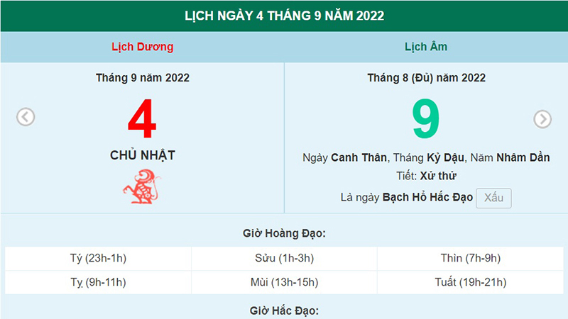 Lịch âm 4/9, xem lịch Chủ nhật ngày 4 tháng 9 năm 2022 là ngày tốt hay xấu?