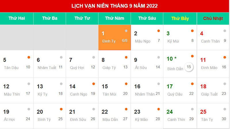 Tổng hợp ngày tốt ngày hoàng đạo tháng 9 Dương lịch năm 2022 (tháng 8 Âm lịch)