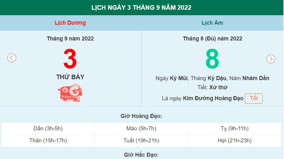 Lịch âm 3/9, xem lịch thứ Bảy ngày 3 tháng 9 năm 2022 là ngày tốt hay xấu?