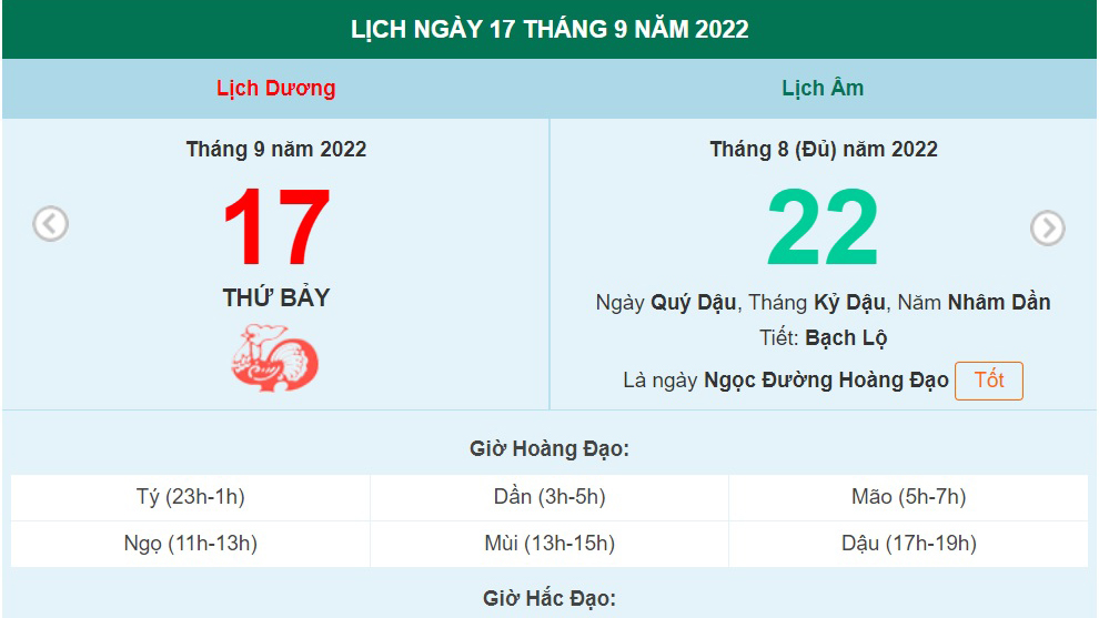 Lịch âm 17/9, xem lịch thứ Bảy ngày 17 tháng 9 năm 2022 là ngày tốt hay xấu?