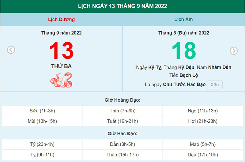 ngày 13 tháng 9 năm 2022, ngày 13/9/2022 tốt hay xấu, xem ngày tốt, lịch âm 2022, lịch vạn niên ngày 13/9/2022, âm lịch hôm nay 13/9, Lịch vạn niên ngày 13 tháng 9