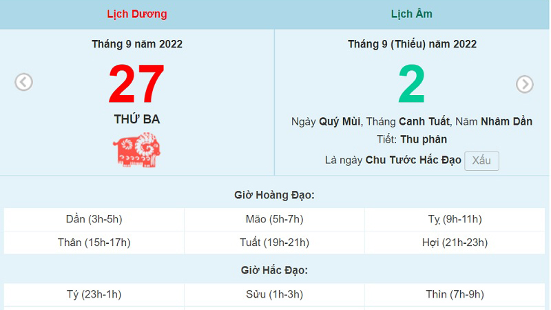Lịch âm 27/9, xem lịch thứ Ba ngày 27 tháng 9 năm 2022 là ngày tốt hay xấu?