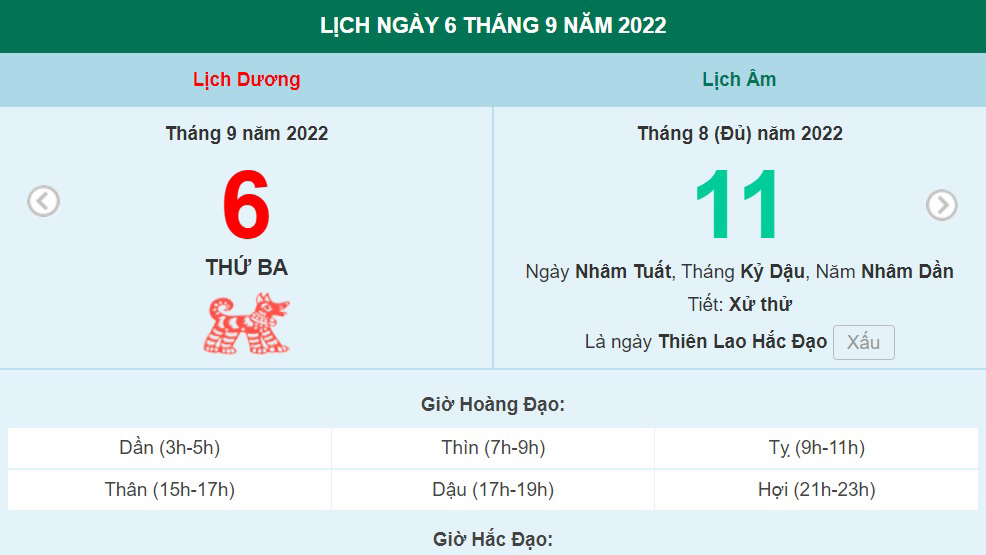 Lịch âm 6/9, xem lịch thứ Ba ngày 6 tháng 9 năm 2022 là ngày tốt hay xấu?