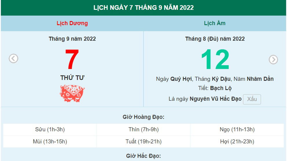 Lịch âm 7/9, xem lịch thứ Tư ngày 7 tháng 9 năm 2022 là ngày tốt hay xấu?