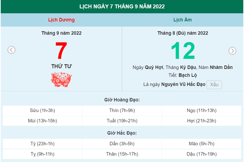 Ngày 7 tháng 9 năm 2022, Ngày 7/9/2022 tốt hay xấu, Xem ngày tốt, lịch âm 2022, lịch vạn niên ngày 7/9/2022, âm lịch hôm nay 7/9, Lịch vạn niên ngày 7 tháng 9