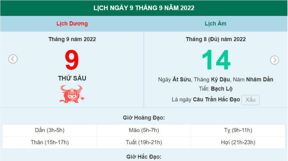 Lịch âm 9/9, xem lịch thứ Sáu ngày 9 tháng 9 năm 2022 là ngày tốt hay xấu?