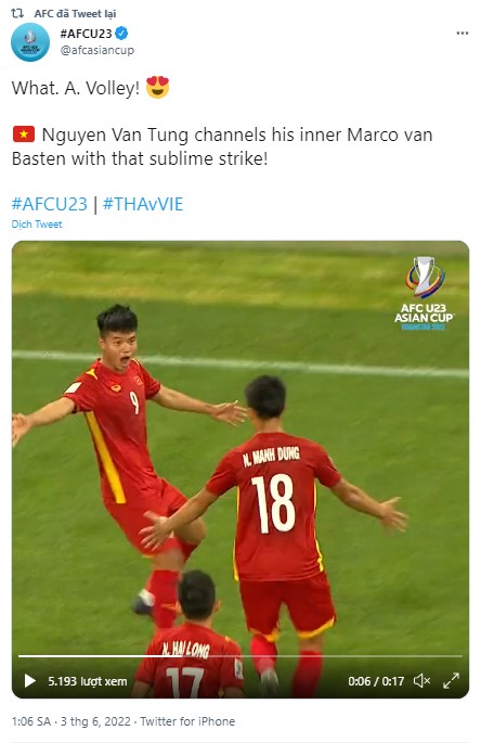 Văn Tùng, AFC, U23 Việt Nam, VCK U23 châu Á 2022, vô lê, U23 Thái Lan