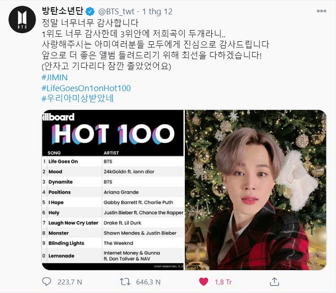 BTS, BTS tin tức, BTS BE, Life Goes On, BTS thành viên, Jimin, Billboard, Hot 100, Dynamtie