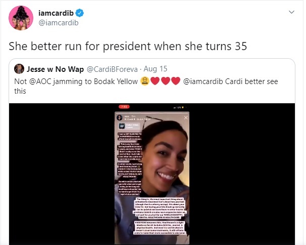 Cardi B, Cardi B ủng hộ Alexandria Ocasio-Cortez thành Tổng thống Mỹ, Bodak Yellow Money Moves, Ocasio-Cortez tranh cử tổng thống, ứng cử tổng thống mỹ, nữ chính trị gia 