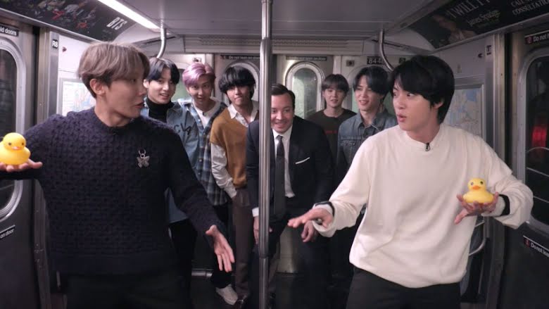 bts, bts, bts jimmy fallon, kì công bts quay nơi công cộng, bts quay phim mà không bị phát hiện, jungkook, jimin, jin, v bts, jungkook handsome, jungkook sexy, suga