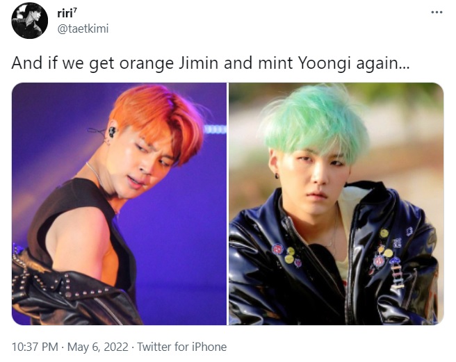 BTS, PROOF, ARMY xin Jimin và Suga trở lại tạo hình này, Jimin, Suga, Jimin Style, Suga Style, Jimin orange, Suga mint, Jimin HYYH, Suga HYYH, Jimin cute, Jimin hair