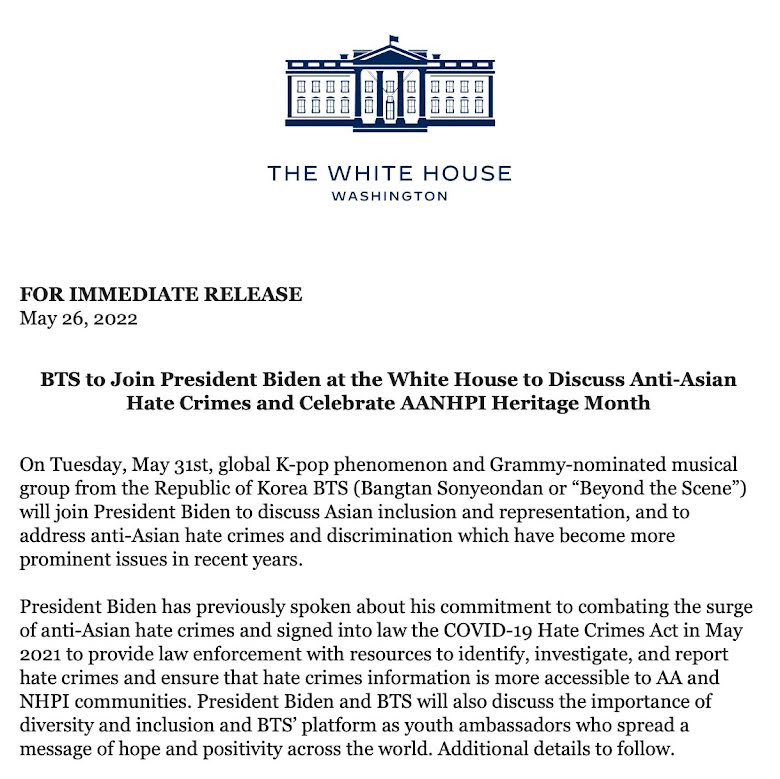 BTS, BTS ảnh hưởng tới nhà trắng, BTS White House, ARMY, Joe Biden, Mazie HironoJungkook, Jin, Jimin, J-Hope, RM, Suga, V, BTS ở Mỹ, BTS 2022, Yet to Come, Proof