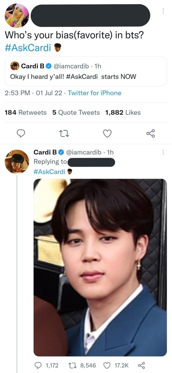 BTS, Cardi B, bias của Cardi B ở BTS, Cardi B BTS, con gái Cardi B BTS, Cardi B bias, Cardi B hợp tác BTS, Jimin, Jin, Jungkook, J-Hope, RM, Suga, V, Jimin cute