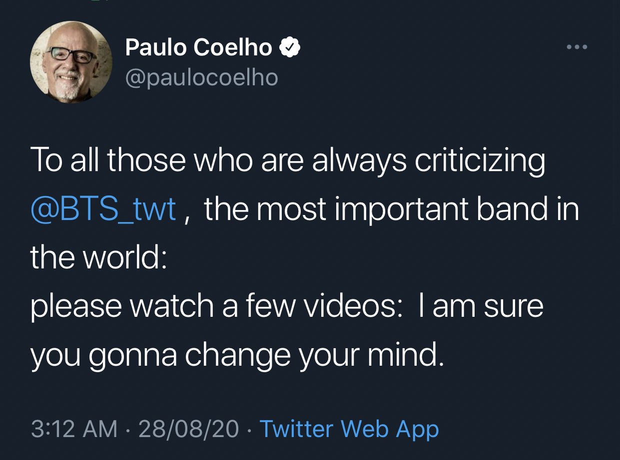 BTS, Paulo Coelho, Paulo Coelho dũng cảm tại hội nghị BTS, Hội nghị liên hiệp toàn cầu BTS, Paulo Coelho BTS, Paulo Celho ARMY, Nhà giả kim, Jin, Jimin, J-Hope, Jungkook