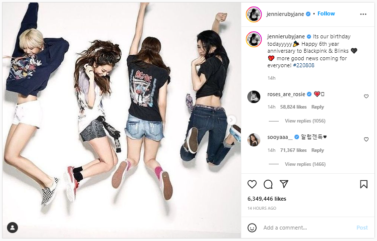 Blackpink, Blackpink đăng ảnh mừng 6 năm, Blackpink Instagram, Jennie, Jisoo, Rose, Lisa, Blackpink comeback, Blackpink 2022, Born Pink, Pink Venom, Blackpink style